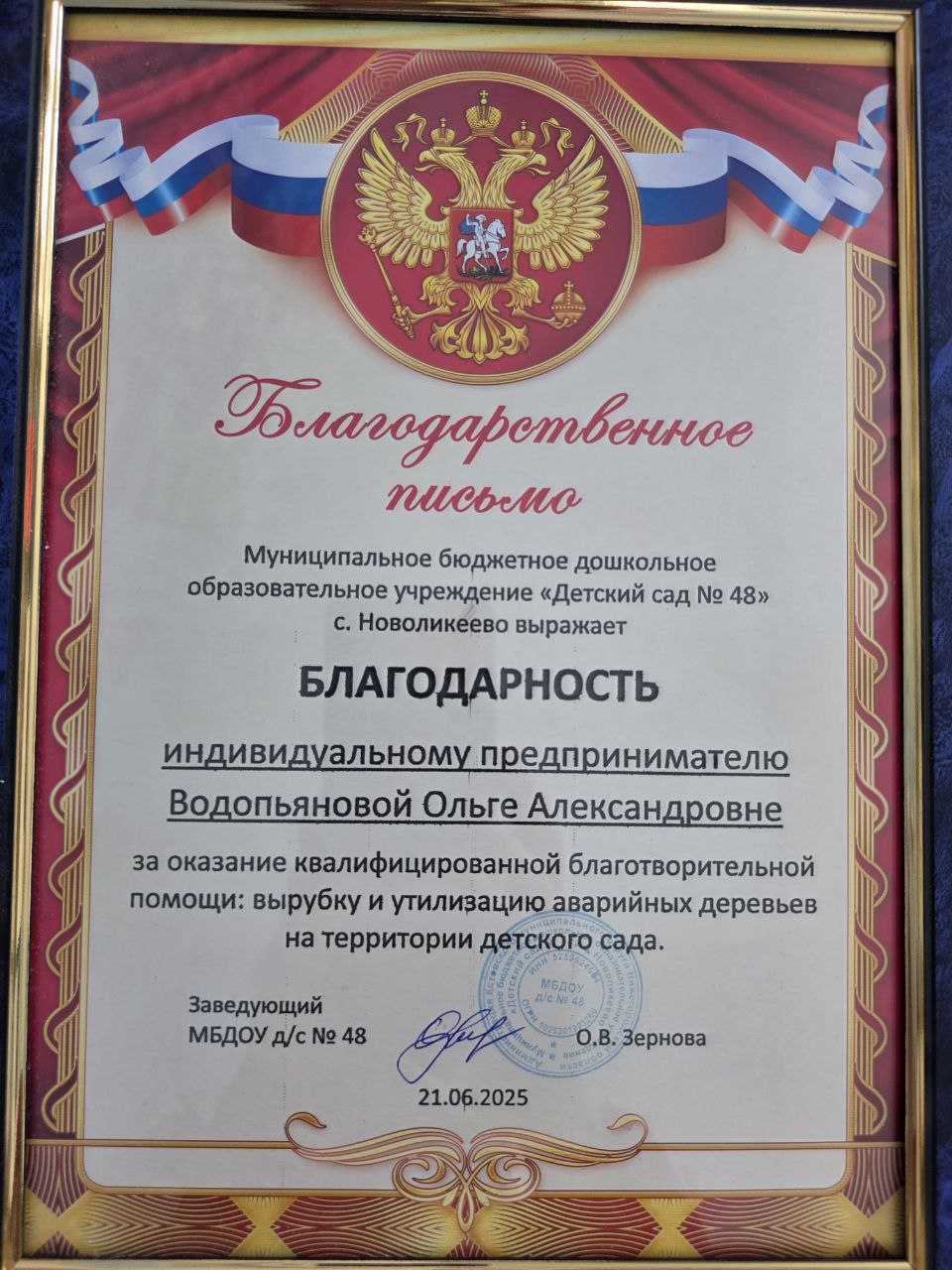Благодарность от детского сада №48